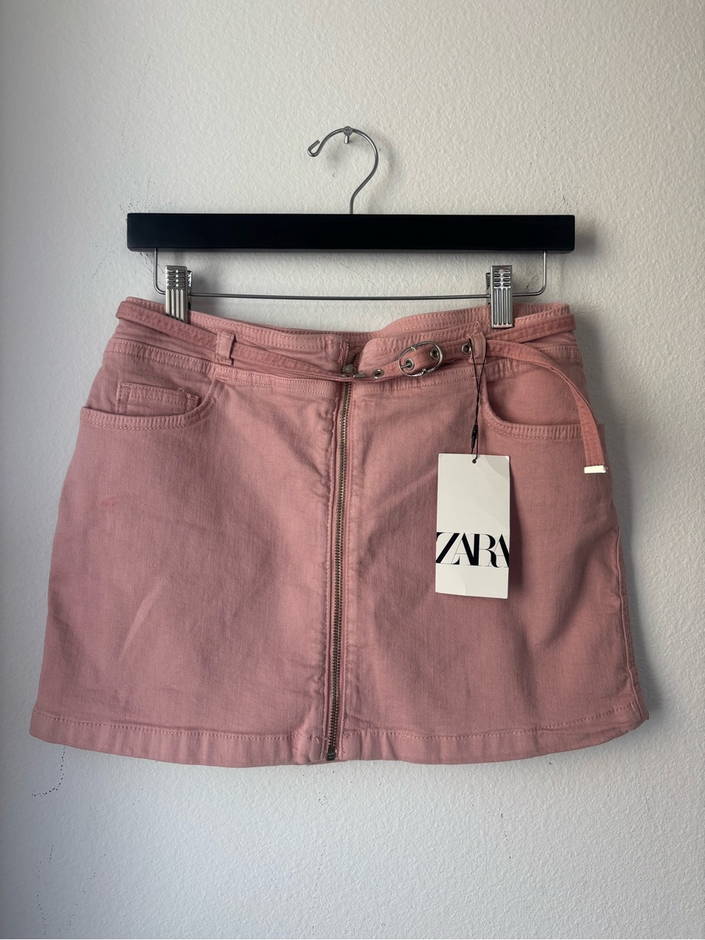 Zara Dusty Pink Zip-Front Mini Skirt with Belt
